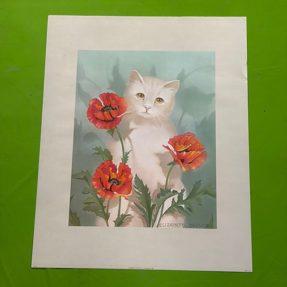 Elizabeth Brownd White Cat Red Poppies Lithograph 20x16 Floral Pet Wall Art 1983